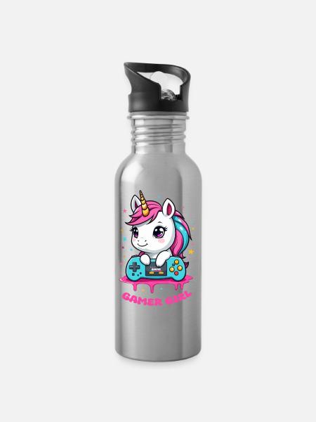 Licorne Gamer Fille - Gourde avec paille intégrée - argent clair