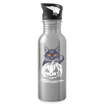 Schwarze Katze mit Kürbis - Halloween Design - Trinkflasche mit integriertem Trinkhalm - Lightsilver - Rechts