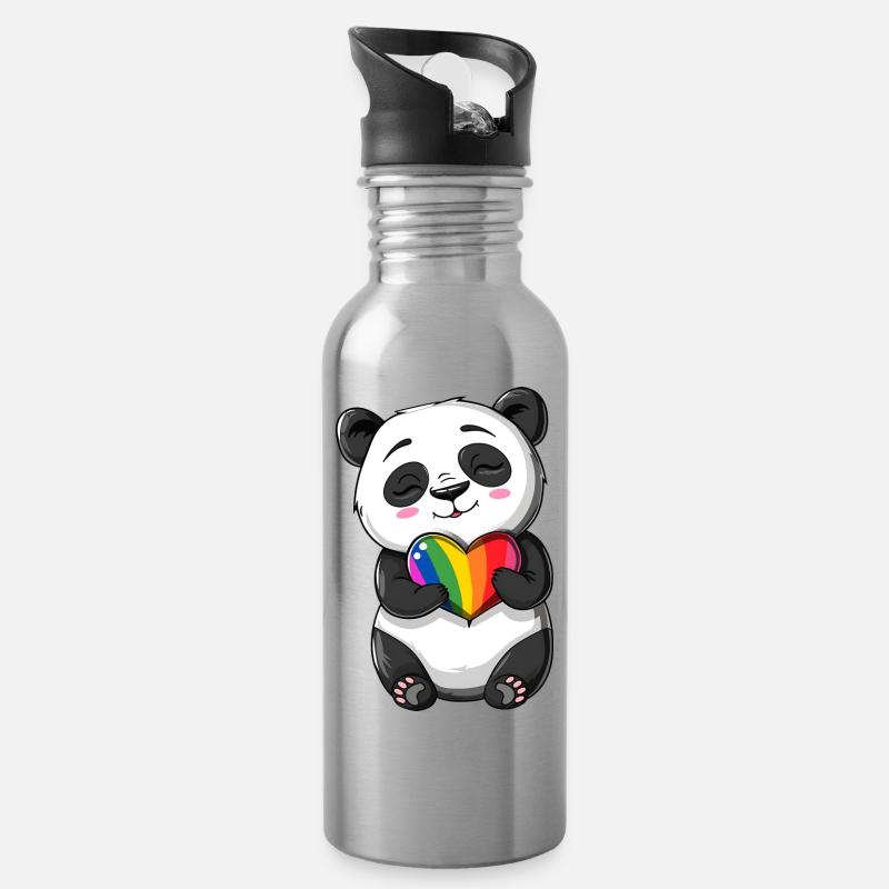 Panda-Karikatur mit einem Pride-Regenbogenherz - Trinkflasche mit integriertem Trinkhalm - Lightsilver
