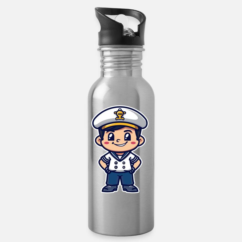 Kleiner Seemannskapitän Comic - Trinkflasche mit integriertem Trinkhalm - Lightsilver