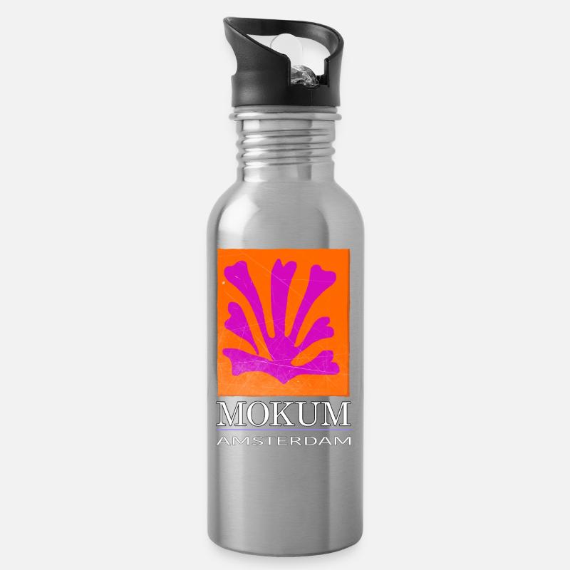 Mokum Amsterdam Emblem Neon Orange - Trinkflasche mit integriertem Trinkhalm - Lightsilver