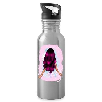Girl woman beauty long pink hair with flower - Water bottle with straw - silver - Right