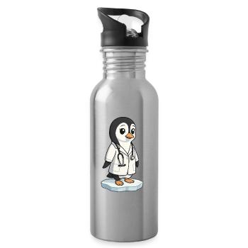 Care penguin in a doctor's coat - Water bottle with straw - silver - Right