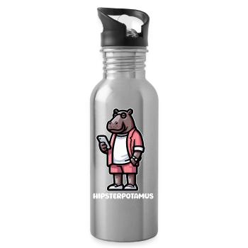 HippoHipster in Pink Suit - Water bottle with straw - silver - Right