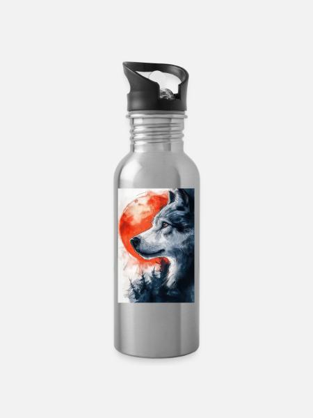 Illustration eines Wolfes - Trinkflasche mit integriertem Trinkhalm - Lightsilver
