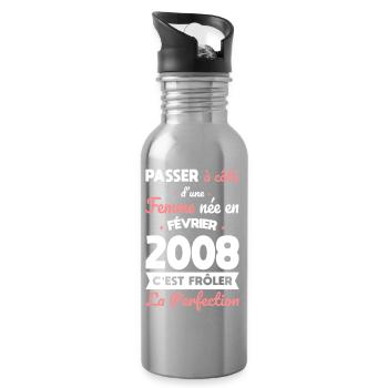 18th birthday - born in February 2008 - Water bottle with straw - silver - Right