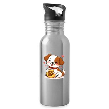 Cuddly puppy and heart paw - Water bottle with straw - silver - Right