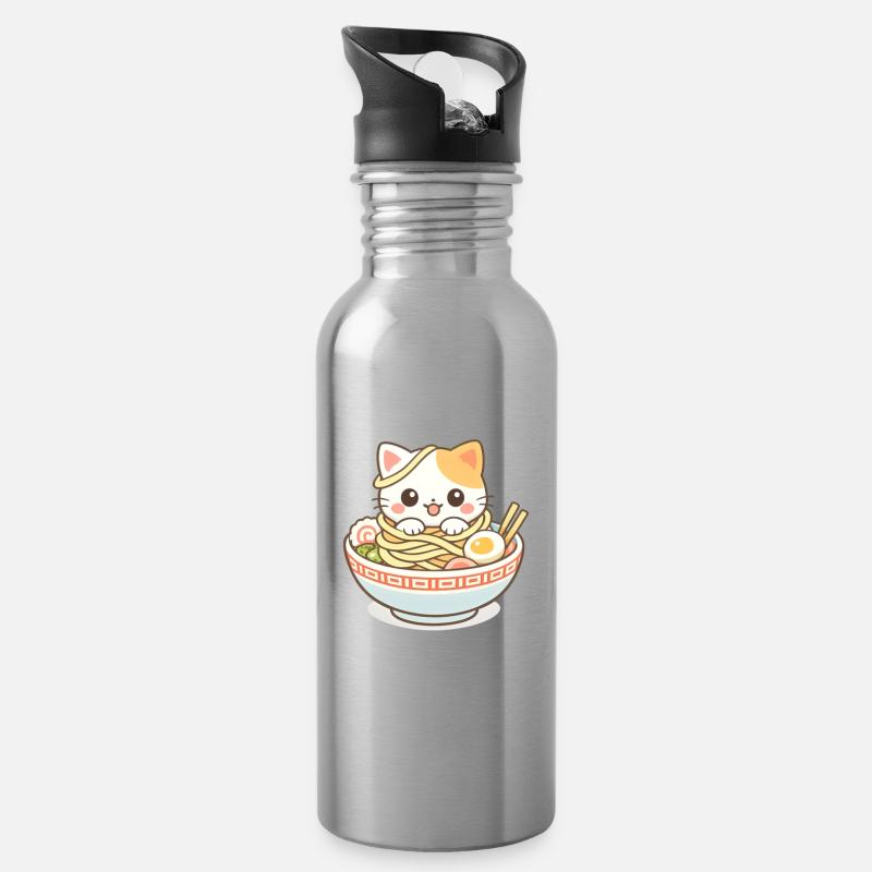 Kawaii Katze Ramen Nudeln Anime - Trinkflasche mit integriertem Trinkhalm - Lightsilver