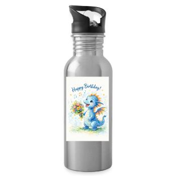 Blauer Drache mit Blumenstrauß - Trinkflasche mit integriertem Trinkhalm - Lightsilver - Rechts