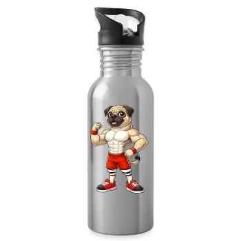 Strong Pug Bodybuilder Fitness Muscles Training - Water bottle with straw - silver - Right