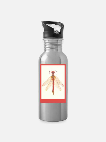 Red Dragonfly Illustration - Water bottle with straw - silver