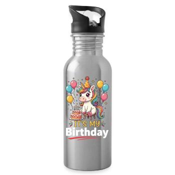 Süßes Einhorn It's my Birthday Geburtstag - Trinkflasche mit integriertem Trinkhalm - Lightsilver - Rechts