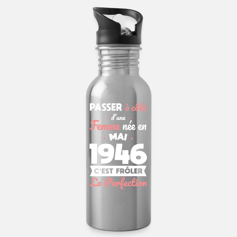Anniversaire 80 ans - Née en Mai 1946 - Gourde avec paille intégrée - argent clair