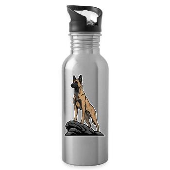 Belgian Shepherd Malinois Dog on Rock Portrait - Water bottle with straw - silver - Right