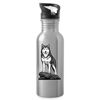 Chien Husky Sibérien sur Rocher Portrait Nordique - Gourde avec paille intégrée - argent clair - Droite