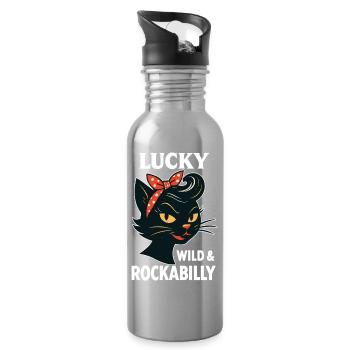 Lucky, Wild & Rockabilly: Black Retro Cat - Water bottle with straw - silver - Right