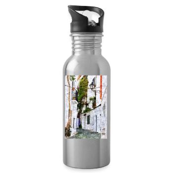 Beautiful city of Cadaques in Spain - Water bottle with straw - silver - Right