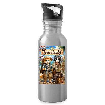 TravelCats: Cats on a journey of discovery - Water bottle with straw - silver - Right