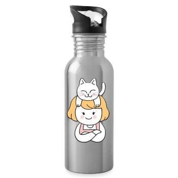 Mädchen mit süßer Katze auf dem Kopf - Trinkflasche mit integriertem Trinkhalm - Lightsilver - Rechts