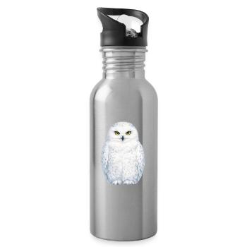 Watercolor snowy owl illustration - Water bottle with straw - silver - Right