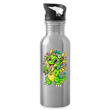 Hippie Dragon with Rainbow Bandana - Water bottle with straw - silver - Right
