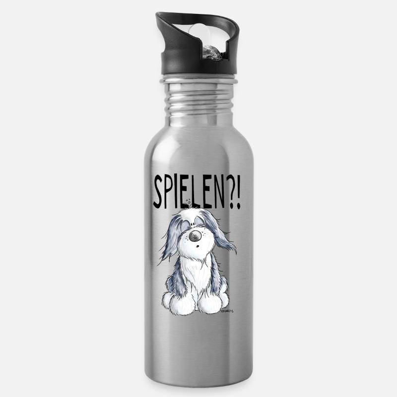 Verspielter Bearded Collie - Hund - Geschenk - Trinkflasche mit integriertem Trinkhalm - Lightsilver