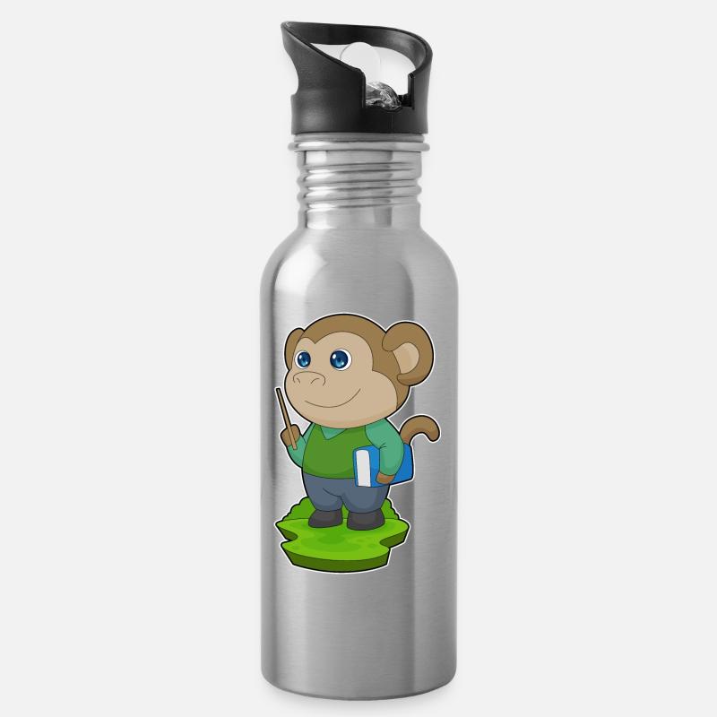 Affe Lehrer Buch - Trinkflasche mit integriertem Trinkhalm - Lightsilver