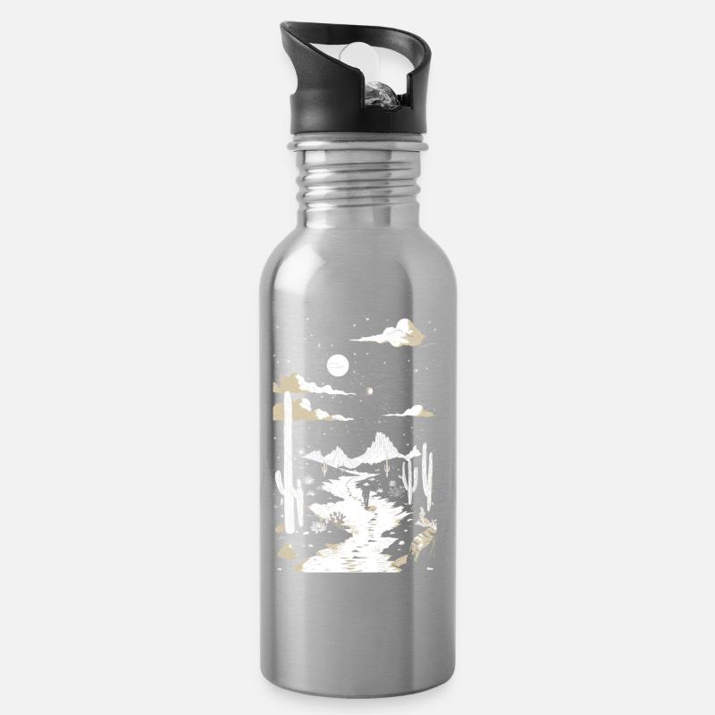 Weg durch die Wüste mit Fußspuren und Kaktus - Trinkflasche mit integriertem Trinkhalm - Lightsilver