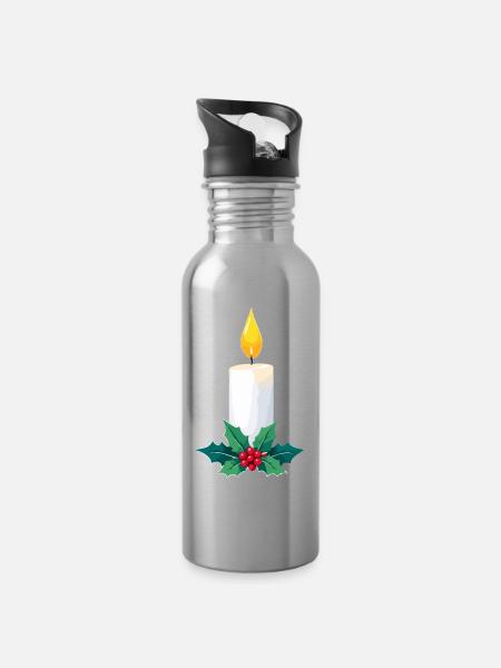 Weihnachtskerze & Stechpalme - Trinkflasche mit integriertem Trinkhalm - Lightsilver