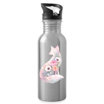 Fox Silhouette Watercolor Flowers - Water bottle with straw - silver - Right