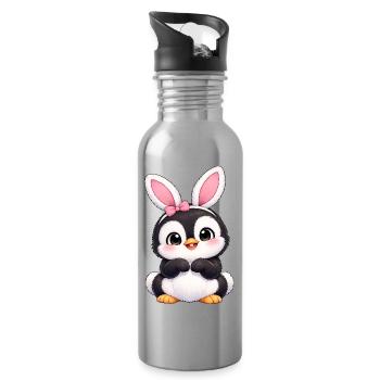 Petit œuf de Pâques avec des oreilles de lapin de lapin, dessin animé pingouin mignon - Gourde avec paille intégrée - argent clair - Droite
