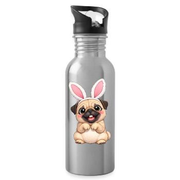 Petit chien carlin mignon avec des oreilles de lapin dessin animé de Pâques - Gourde avec paille intégrée - argent clair - Droite