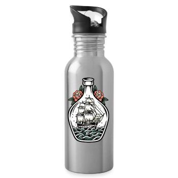 Boats in Bottle Tattoo Retro Sailboat Sea - Water bottle with straw - silver - Right