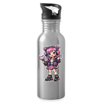Fille d’anime Kawaii avec un casque - Gourde avec paille intégrée - argent clair - Droite