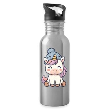 Cuddly unicorn with hat - Water bottle with straw - silver - Right