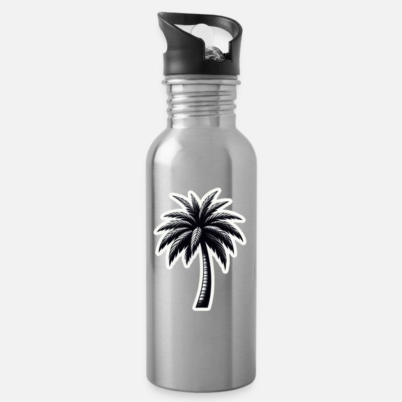 Palmier noir blanc - Gourde avec paille intégrée - argent clair