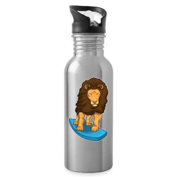 Lion Surfing Surfboard Summer - Water bottle with straw - silver - Right