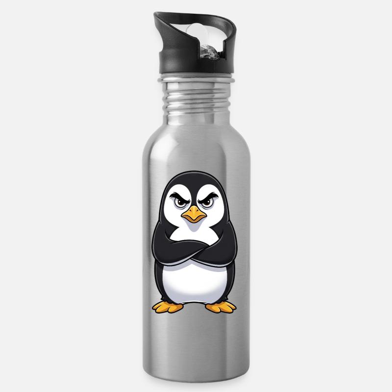 Grumpy Pinguin Cartoon sauer mürrisch genervt - Trinkflasche mit integriertem Trinkhalm - Lightsilver