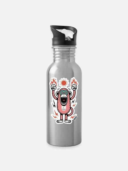 Affe mit Flammen und erhobenen Fäusten - Trinkflasche mit integriertem Trinkhalm - Lightsilver