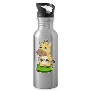 giraffe, musician, flute, music - Water bottle with straw - silver - Right
