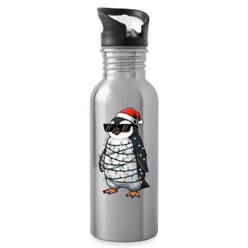 Cute Penguin Christmas with Fairy Lights Cartoon - Water bottle with straw - silver - Right