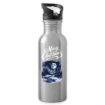 Merry Christmas Forest Landscape Moon Firs - Water bottle with straw - silver - Right