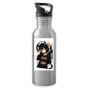 Neko Nachtkatze Shirt - Trinkflasche mit integriertem Trinkhalm - Lightsilver - Rechts