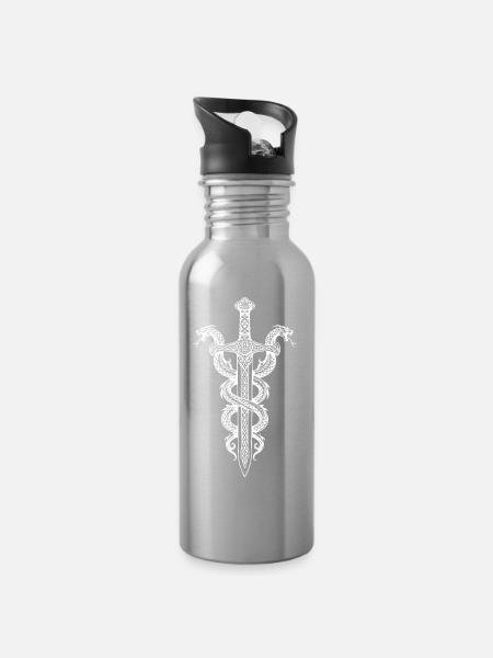 Verziertes Schwert mit Zwillingsgewickelten Drachen - Trinkflasche mit integriertem Trinkhalm - Lightsilver