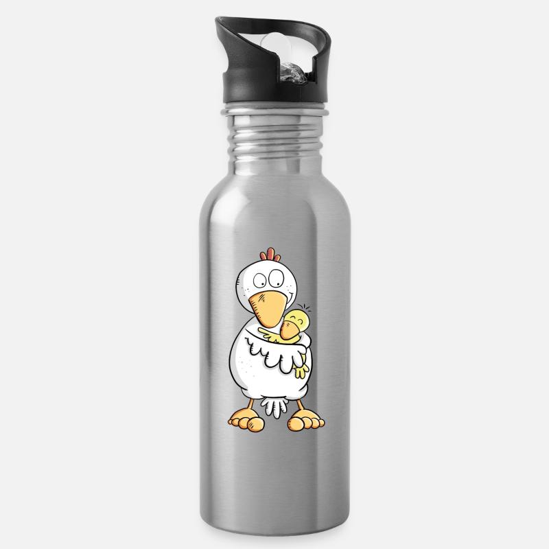 Huhn Mama mit Küken Baby I Muttertagsgeschenk - Trinkflasche mit integriertem Trinkhalm - Lightsilver