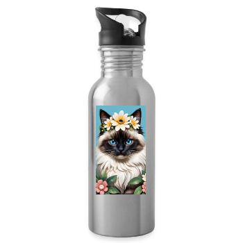 Natural beauty Burma Seal Point with floral wreath - Water bottle with straw - silver - Right