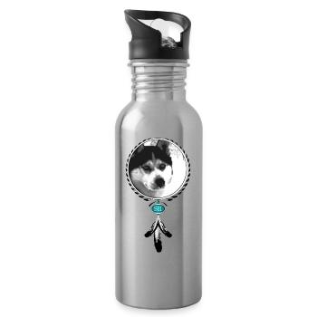 Husky portrait with dream catcher - Water bottle with straw - silver - Right
