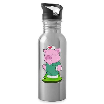 Schwein Krankenschwester  - Trinkflasche mit integriertem Trinkhalm - Lightsilver - Rechts