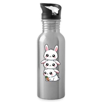 Adorable Cute Rabbit Kawaii Small Pet Aesthetic - Water bottle with straw - silver - Right
