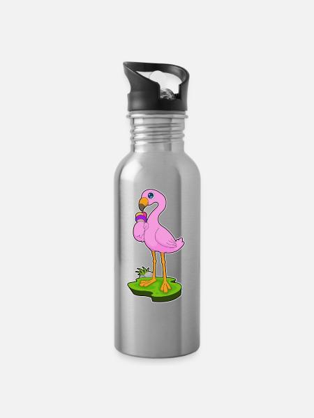 Flamingo Waffeleis - Trinkflasche mit integriertem Trinkhalm - Lightsilver